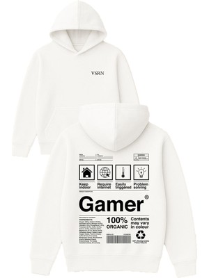 Vsrn Gamer Tasarım Baskılı Oversize Beyaz Kapüşonlu Sweatshirt