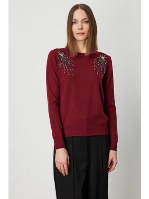 On Kadın Omzu Taş Detaylı Triko Kazak 63314 Bordo