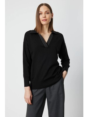 On Kadın Polo Yaka Zincir Detaylı Triko Kazak 66336 Siyah