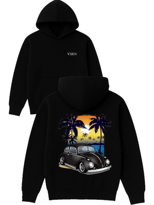 Vsrn Siyah Araba Manzara Tasarım Baskılı Oversize Siyah Kapüşonlu Sweatshirt