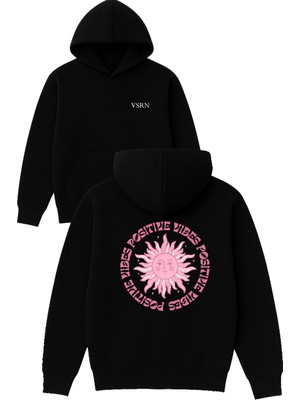 Vsrn Positive Vıbes Tasarım Baskılı Oversize Siyah Kapüşonlu Sweatshirt