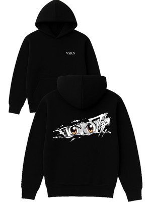 Vsrn Anime Gözü Tasarım Baskılı Oversize Siyah Kapüşonlu Sweatshirt
