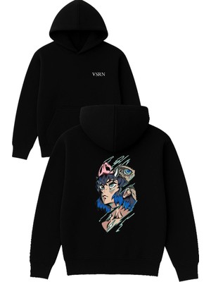Vsrn Tatlı Anime Tasarım Baskılı Oversize Siyah Kapüşonlu Sweatshirt