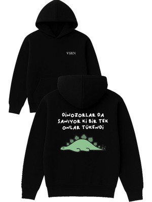 Vsrn Dinazor Tasarım Baskılı Oversize Siyah Kapüşonlu Sweatshirt