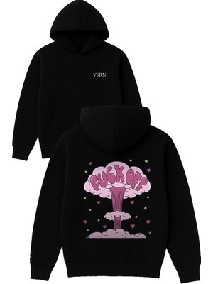Vsrn Fck Off Tasarım Baskılı Oversize Siyah Kapüşonlu Sweatshirt