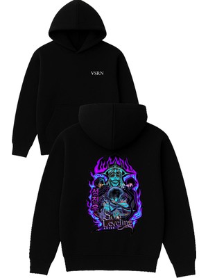 Vsrn Mor Alevler Tasarım Baskılı Oversize Siyah Kapüşonlu Sweatshirt