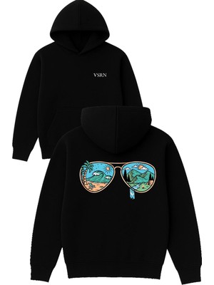 Vsrn Gözlüklü Manzara Tasarım Baskılı Oversize Siyah Kapüşonlu Sweatshirt