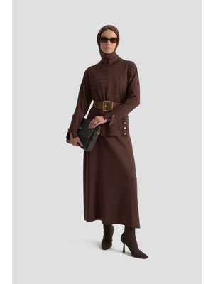 Armine Trend Düğme Detaylı Etekli Triko İkili Takım Kahverengi 25KTD6107