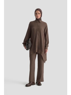 Armine Trend Ribana Detaylı Asimetrik Kesim Fitilli Pantolonlu Ikili Takım Kahverengi 25KT6103