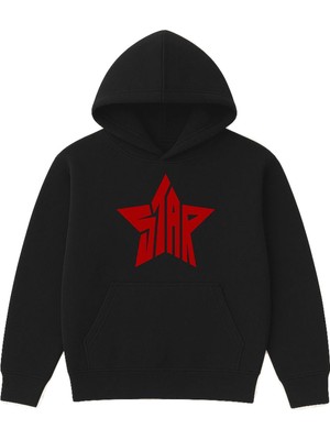 Vsrn Kırmızı Star Tasarım Baskılı Oversize Siyah Kapüşonlu Sweatshirt