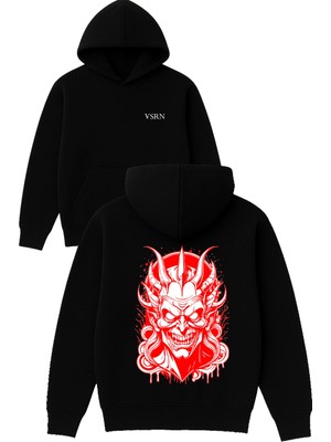 Vsrn Şeytan Tasarım Baskılı Oversize Siyah Kapüşonlu Sweatshirt