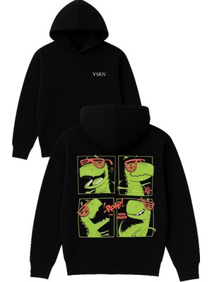 Vsrn Dinazor Tasarım Baskılı Oversize Siyah Kapüşonlu Sweatshirt
