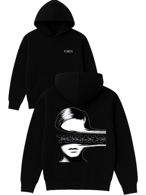 Vsrn Techno Tasarım Baskılı Oversize Siyah Kapüşonlu Sweatshirt