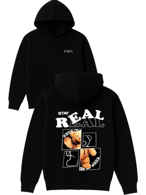 Vsrn Stay Real Tasarım Baskılı Oversize Siyah Kapüşonlu Sweatshirt