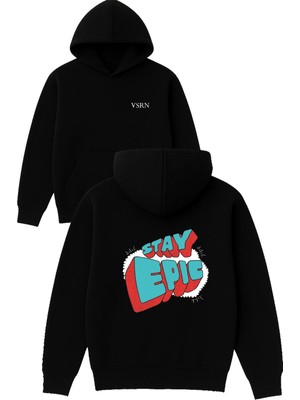 Vsrn Stay Epic Tasarım Baskılı Oversize Siyah Kapüşonlu Sweatshirt