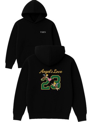 Vsrn Angels Love Tasarım Baskılı Oversize Siyah Kapüşonlu Sweatshirt
