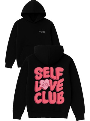 Vsrn Love Self Tasarım Baskılı Oversize Siyah Kapüşonlu Sweatshirt