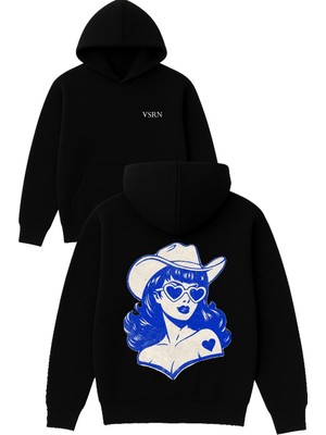Vsrn Mavi Kadın Tasarım Baskılı Oversize Siyah Kapüşonlu Sweatshirt
