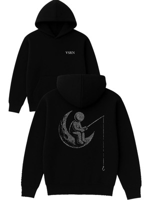 Vsrn Ayda Balık Tutan Tasarım Baskılı Oversize Siyah Kapüşonlu Sweatshirt