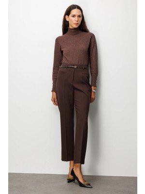 Ekol Kadın Beli Kemerli Boru Paça Pantolon 1001 Kahverengi