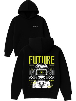 Vsrn Future Anime Tasarım Baskılı Oversize Siyah Kapüşonlu Sweatshirt