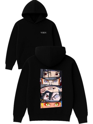 Vsrn Anime Gözleri Tasarım Baskılı Oversize Siyah Kapüşonlu Sweatshirt