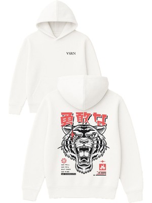 Vsrn Kaplan Kızgın Tasarım Baskılı Oversize Beyaz Kapüşonlu Sweatshirt
