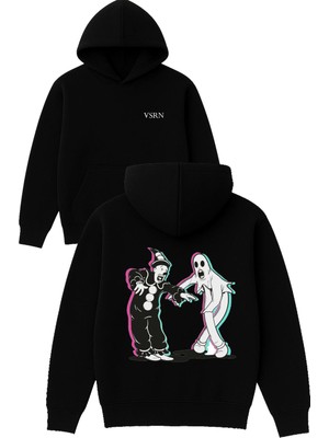 Vsrn Palyaço Hayalet Tasarım Baskılı Oversize Siyah Kapüşonlu Sweatshirt