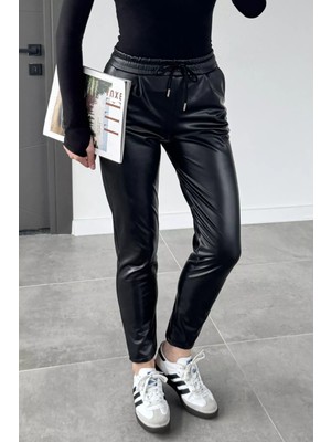 Gülseli Kadın Bel Lastikli Suni Deri Pantolon P-00018536