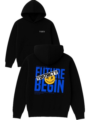 Vsrn Future Begın Tasarım Baskılı Oversize Siyah Kapüşonlu Sweatshirt