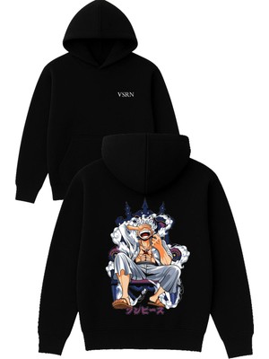 Vsrn Kral Anime Tasarım Baskılı Oversize Siyah Kapüşonlu Sweatshirt