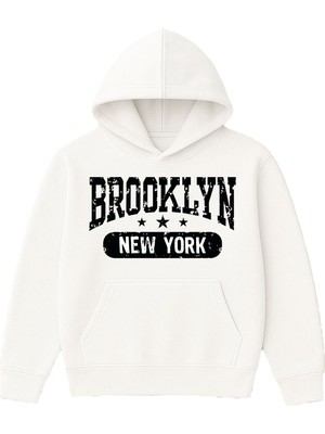 Vsrn Brooklyn Tasarım Baskılı Oversize Beyaz Kapüşonlu Sweatshirt