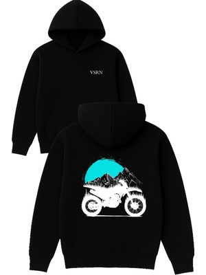 Vsrn Güneş Batımı Tasarım Baskılı Oversize Siyah Kapüşonlu Sweatshirt