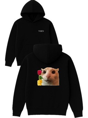 Vsrn Güllü Kedi Tasarım Baskılı Oversize Siyah Kapüşonlu Sweatshirt