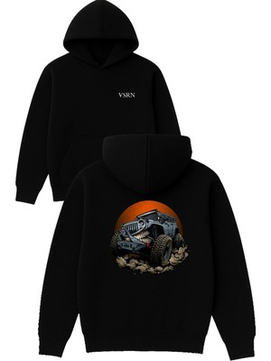 Vsrn Off Road Tasarım Baskılı Oversize Siyah Kapüşonlu Sweatshirt