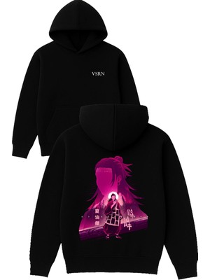 Vsrn Anime Mor Tasarım Baskılı Oversize Siyah Kapüşonlu Sweatshirt