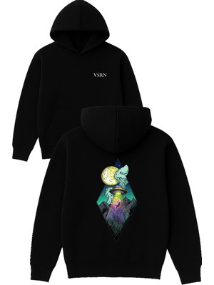 Vsrn Ay Güneş Ufo Tasarım Baskılı Oversize Siyah Kapüşonlu Sweatshirt