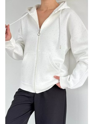 Gülseli Kadın Taş Işlemeli Kapüşonlu Şardonlu Ön Fermuarlı Sweatshirt P-00018814
