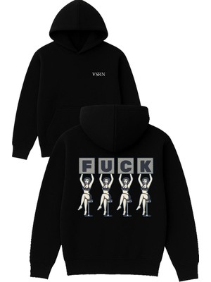 Vsrn Fck Pankartları Tasarım Baskılı Oversize Siyah Kapüşonlu Sweatshirt
