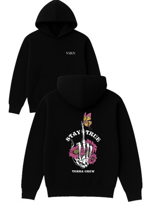 Vsrn Stay True Tasarım Baskılı Oversize Siyah Kapüşonlu Sweatshirt