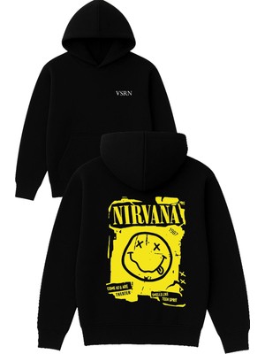 Vsrn Nırvana Tasarım Baskılı Oversize Siyah Kapüşonlu Sweatshirt