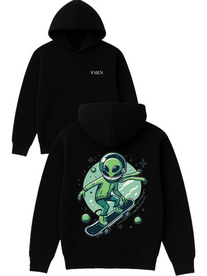Vsrn Uzaylı Kaykaycı Tasarım Baskılı Oversize Siyah Kapüşonlu Sweatshirt