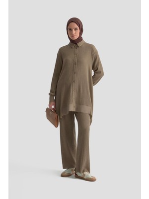 Armine Trend Ribana Detaylı Asimetrik Kesim Fitilli Pantolonlu İkili Takım Camel 25KT6103