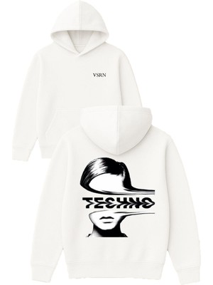 Vsrn Techno Tasarım Baskılı Oversize Beyaz Kapüşonlu Sweatshirt