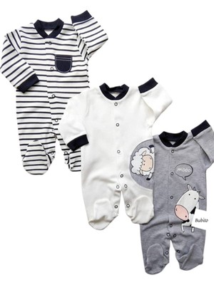 Bubito Kuzu ve Inek Görselli 3'lü Bebek Tulum Seti Beyaz