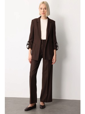 Ekol Kadın Pile Detaylı Bol Paça Pantolon 5059 Kahverengi