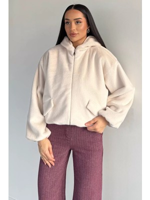 Gülseli Kadın Kapüşonlu ve Astarlı Peluş Ceket P-00018645