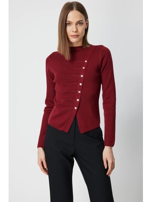 On Kadın Drape Detaylı Düğmeli Triko Kazak 65339 Bordo