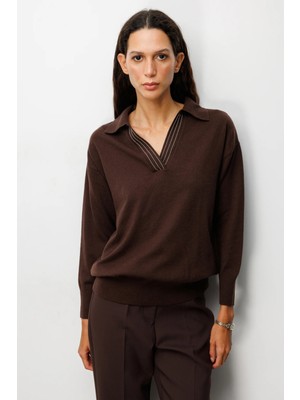 On Kadın Polo Yaka Zincir Detaylı Triko Kazak 66336 Kahverengi