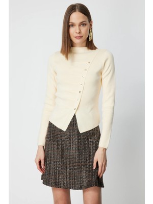 On Kadın Drape Detaylı Düğmeli Triko Kazak 65339 Krem